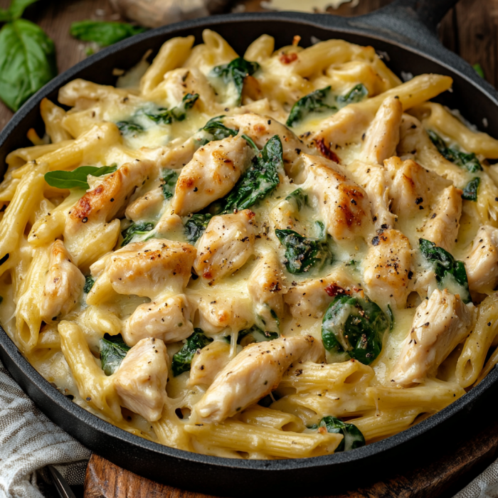 Creamy Chicken, Turkey Bacon & Spinach Pasta in Cheesy Garlic Sauce