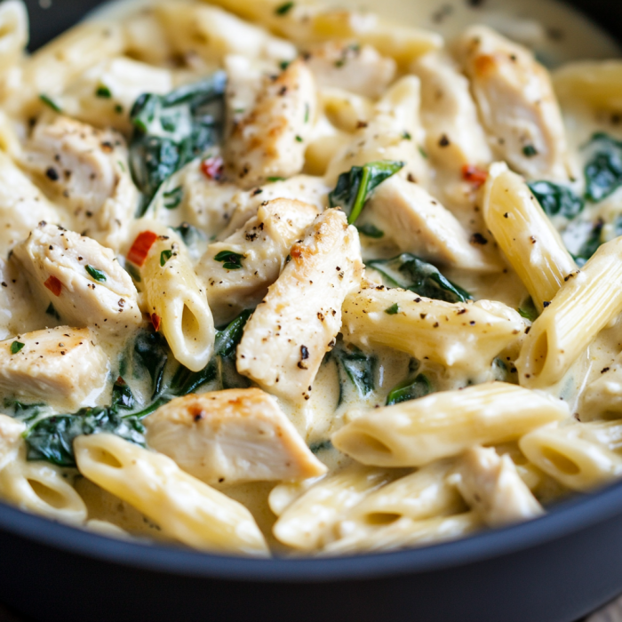 Creamy Chicken, Turkey Bacon & Spinach Pasta in Cheesy Garlic Sauce
