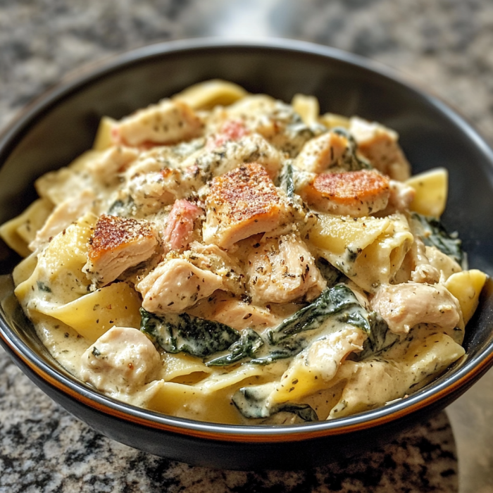 Creamy Spinach, Chicken, turkey Bacon Pasta
