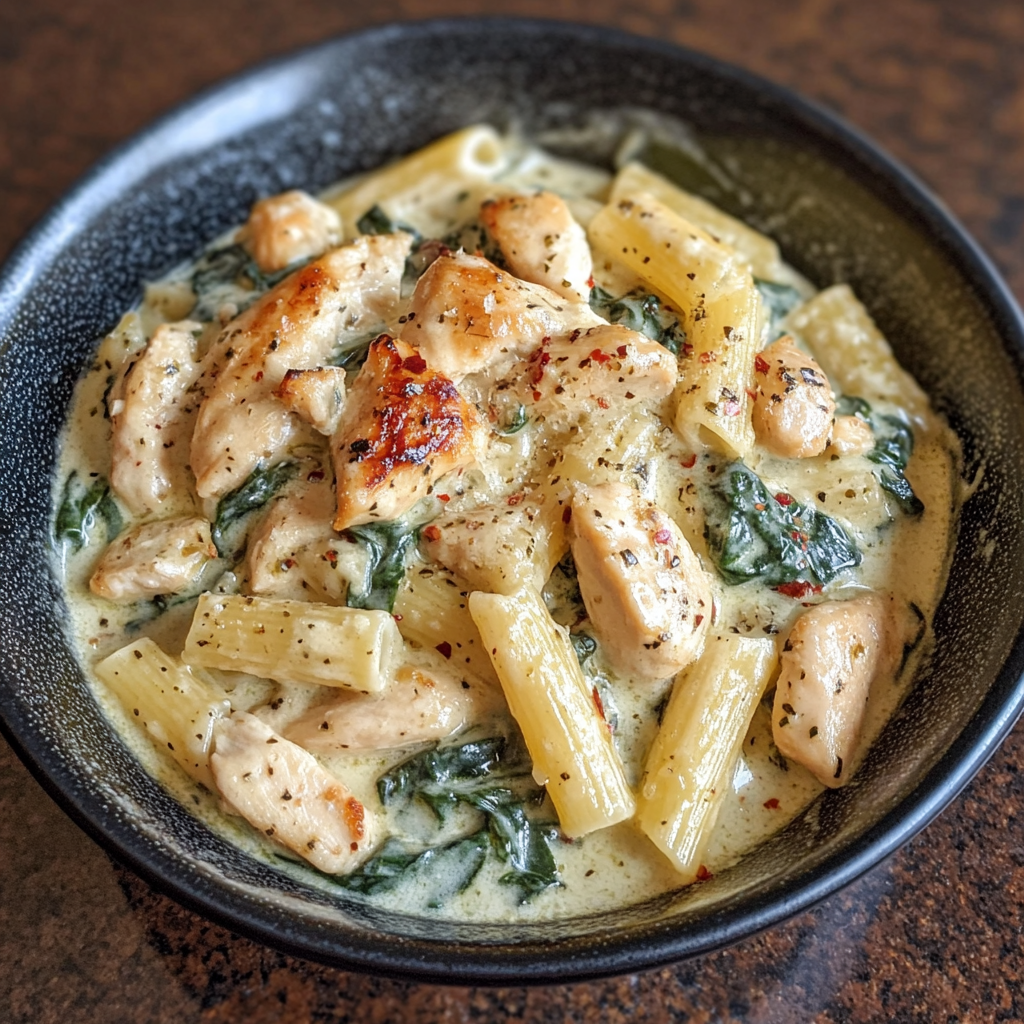 Creamy Spinach, Chicken, turkey Bacon Pasta