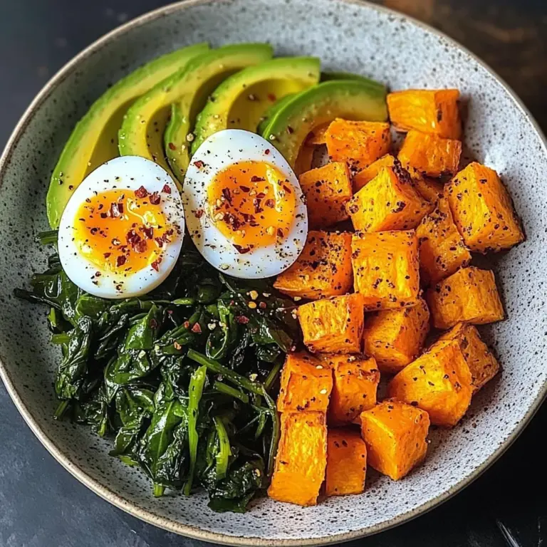 Avocado Power Plate with Jammy Eggs, Spinach & Sweet Potatoes