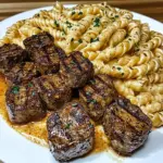 Creamy Garlic Butter Steak Bites with Spicy Cajun Alfredo Twisted Pasta
