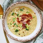 Broccoli Cheddar Orzo Soup with Crispy Prosciutto
