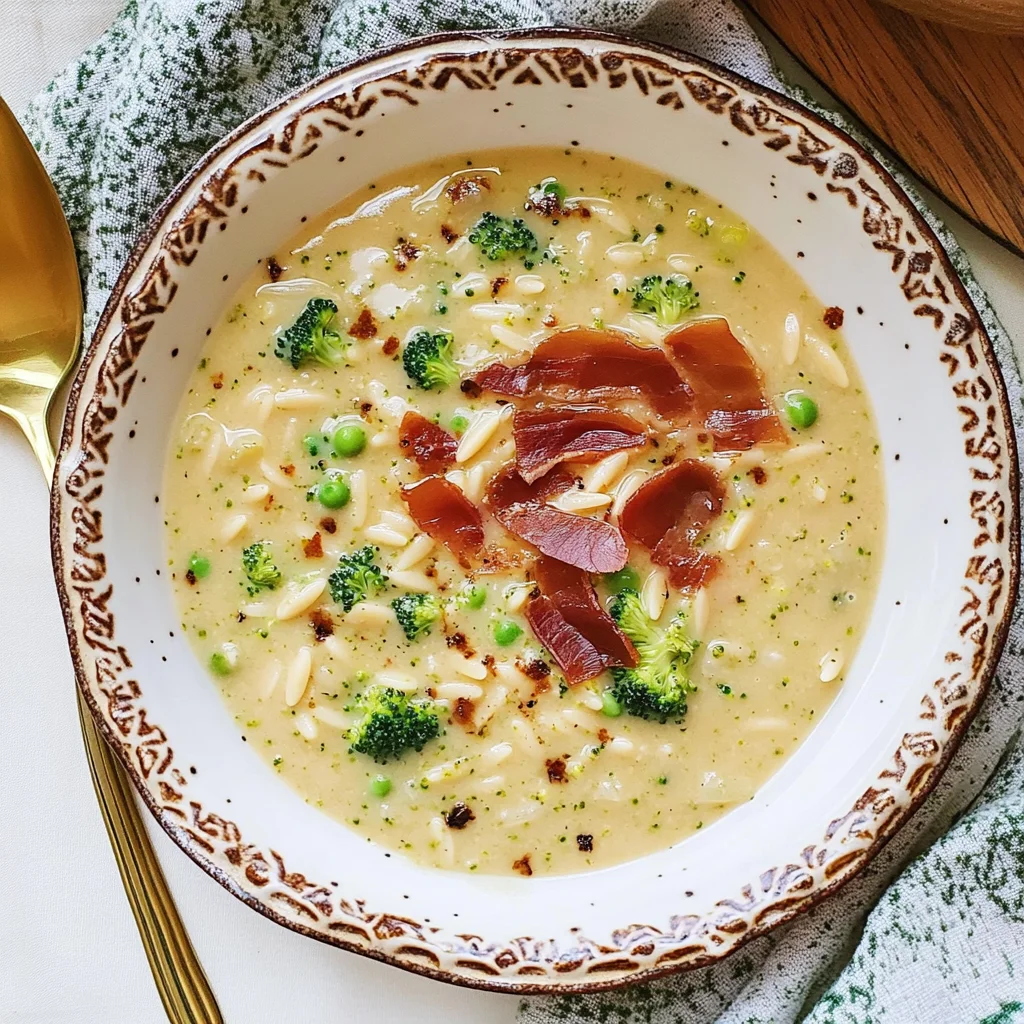 Broccoli Cheddar Orzo Soup with Crispy Prosciutto