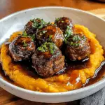 Enjoy Irresistible beef Meatballs with Sweet Potato Mash & Bourbon-Maple Sauce