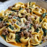 Garlic Butter Tortellini in Creamy Sauce with Beef, Italian Sausage & Spinach